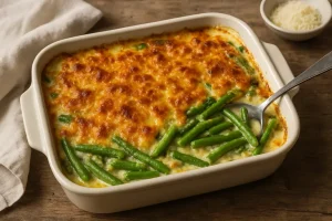 Romige ovenschotel met sperziebonen en krokante kaaskorst